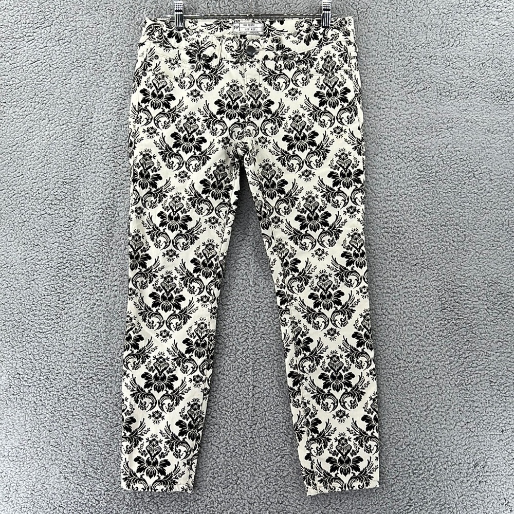 Free People Denim‎ Jeans 61855-16515125 Black White Floral Womens Size 27 Skinny